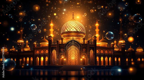 Islamic Architecture with Glowing Dome and Minarets photo