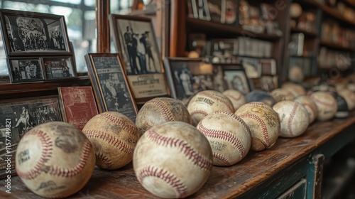 A table decorated with baseball memorabilia, including balls, gloves, and framed photos of iconic plays --ar 16:9 --style raw --stylize 750 --v 6.1 Job ID: 0aa59f67-5833-4e63-a553-e7aa5139f9de photo