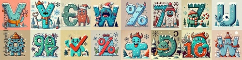 Obraz na płótnie Cartoon Winter Monsters Lettering Typeface. AI generated illustration w salonie