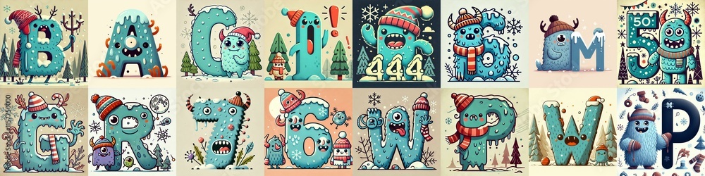 Cartoon Winter Monsters Lettering Typeface. AI generated illustration