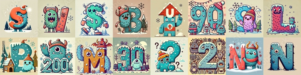 Cartoon Winter Monsters Lettering Typeface. AI generated illustration