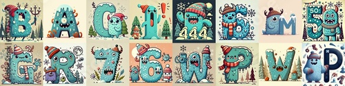 Obraz na płótnie Cartoon Winter Monsters Lettering Typeface. AI generated illustration w salonie