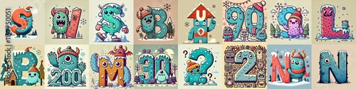 Obraz na płótnie Cartoon Winter Monsters Lettering Typeface. AI generated illustration w salonie