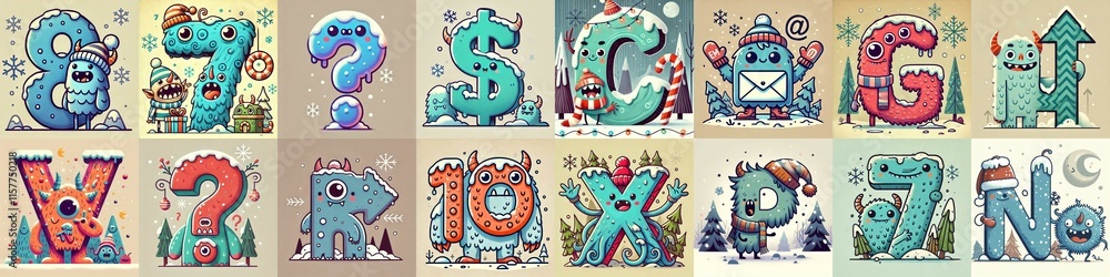 Cartoon Winter Monsters Lettering Typeface. AI generated illustration