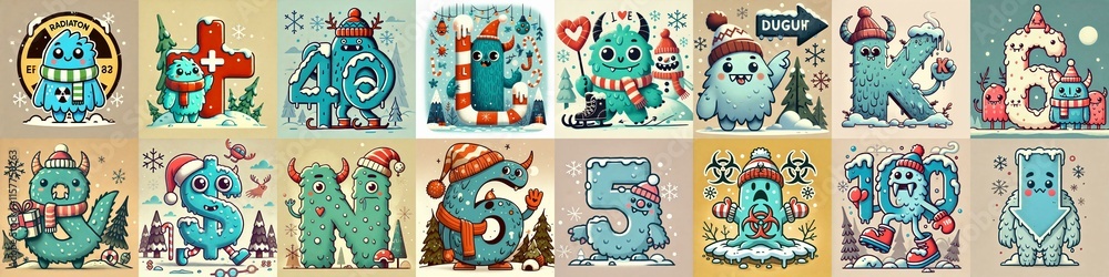 Cartoon Winter Monsters Lettering Typeface. AI generated illustration
