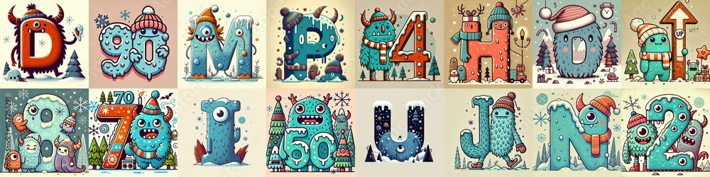 Cartoon Winter Monsters Lettering Typeface. AI generated illustration