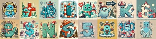 Obraz na płótnie Cartoon Winter Monsters Lettering Typeface. AI generated illustration w salonie