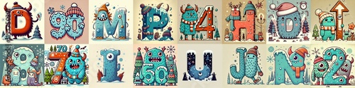 Obraz na płótnie Cartoon Winter Monsters Lettering Typeface. AI generated illustration w salonie