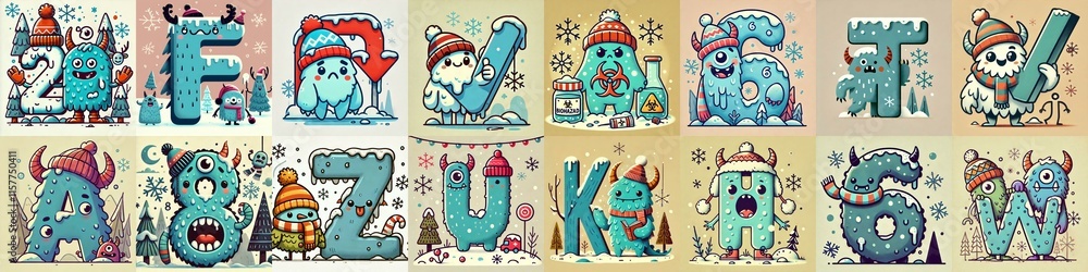 Cartoon Winter Monsters Lettering Typeface. AI generated illustration