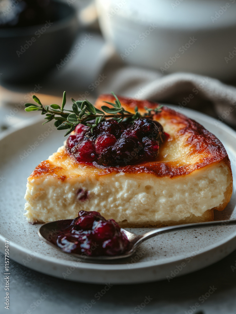 Slice of cheesecake with berry topping on a plate. Slice of cheesecake with berry topping on a plate.