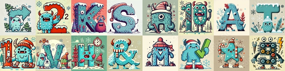 Cartoon Winter Monsters Lettering Typeface. AI generated illustration