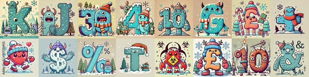 Cartoon Winter Monsters Lettering Typeface. AI generated illustration