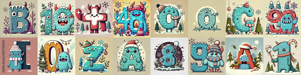 Cartoon Winter Monsters Lettering Typeface. AI generated illustration