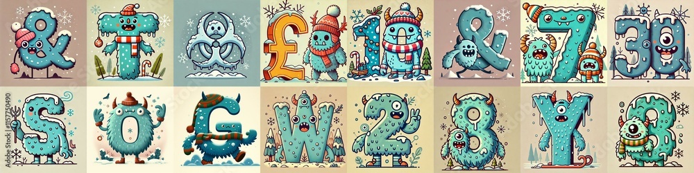 Cartoon Winter Monsters Lettering Typeface. AI generated illustration