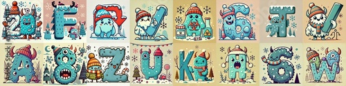 Obraz na płótnie Cartoon Winter Monsters Lettering Typeface. AI generated illustration w salonie