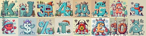 Obraz na płótnie Cartoon Winter Monsters Lettering Typeface. AI generated illustration w salonie