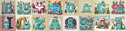 Obraz na płótnie Cartoon Winter Monsters Lettering Typeface. AI generated illustration w salonie