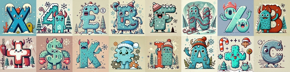 Cartoon Winter Monsters Lettering Typeface. AI generated illustration