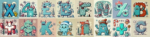 Obraz na płótnie Cartoon Winter Monsters Lettering Typeface. AI generated illustration w salonie