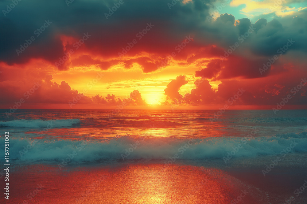 Fiery sunset over ocean waves. Dramatic sky colors paint the beach. Fiery sunset over ocean waves. Dramatic sky colors paint the beach.