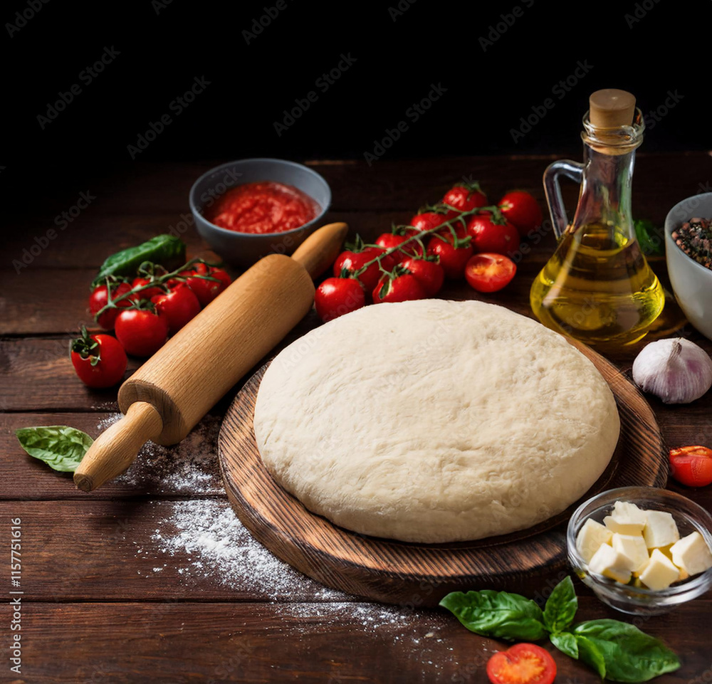 Fresh pizza dough is placed on a wooden board surrounded by ingredients including cherry tomatoes, olive oil, basil leaves, garlic, and butter. Fresh pizza dough is placed on a wooden board surrounded by ingredients including cherry tomatoes, olive oil, basil leaves, garlic, and butter.