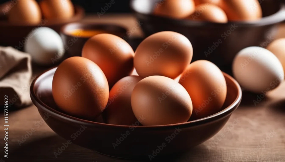 Fresh chicken eggs in a bowl. Close up. Fresh chicken eggs in a bowl. Close up.