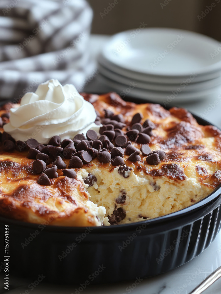 Chocolate chip cheesecake with whipped cream topping. Chocolate chip cheesecake with whipped cream topping.