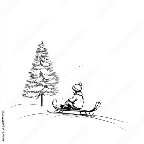 A horizontal single continuous line drawing of a flat doodle showing a child, sled, person, snow, and themes of winter, childhood, and happiness in nature. Isolated hand-drawn contour on a white photo