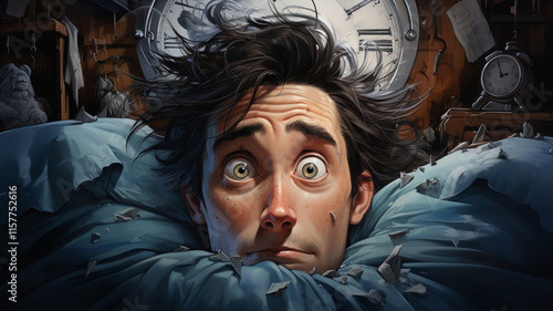 sleep-deprived man awakened by the alarm, in cartoon style.   