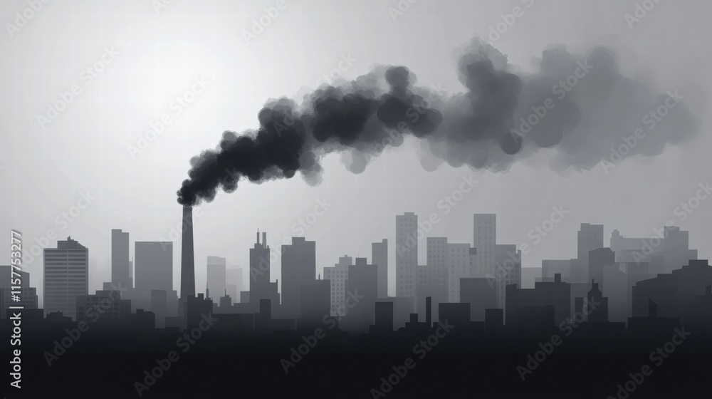 Fototapeta premium Industrial chimneys release thick black smoke into a gray overcast sky over a city skyline. Generative AI