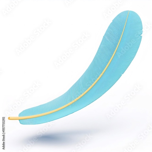 Soft light blue cartoon feather with yellow quill drifting slowly downward, suspended against clean white background