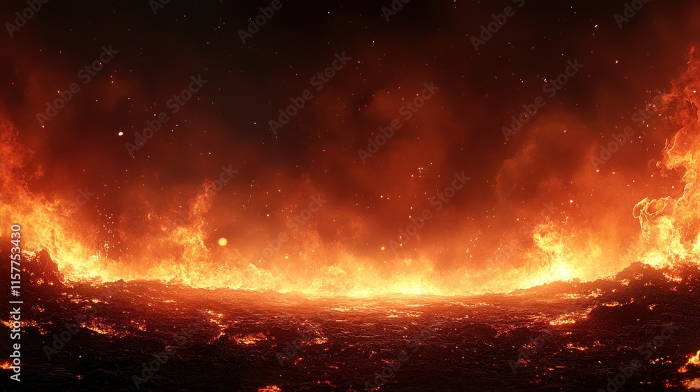 Fototapeta premium A fiery landscape depicting molten lava and intense heat, evoking a sense of danger and power.