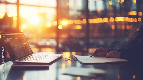 Wallpaper Mural Productive Business Workspace with Laptop, Notepad, and Hands of Professional at Sunset, Symbolizing Creativity, Focus, and Modern Work Environment Torontodigital.ca