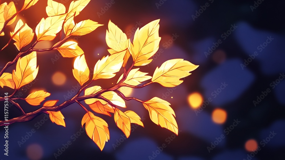 Golden Autumn Leaves Glow Softly in Nighttime Digital Painting. AI Generated Golden Autumn Leaves Glow Softly in Nighttime Digital Painting. AI Generated
