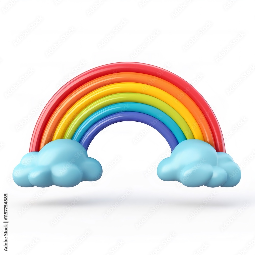 Vibrant cartoon rainbow curving between stylized clouds, projecting playful mood against crisp white backdrop Vibrant cartoon rainbow curving between stylized clouds, projecting playful mood against crisp white backdrop