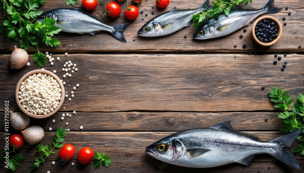 A wooden table displays a variety of fresh ingredients, including fish, tomatoes, onions, and pears, arranged in a visually appealing manner. A wooden table displays a variety of fresh ingredients, including fish, tomatoes, onions, and pears, arranged in a visually appealing manner.