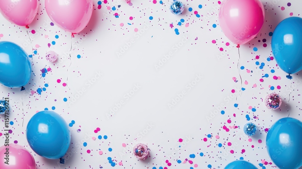 Top view of pink and blue balloons with confetti on a white background, a gender party boy or girl, or birthday decoration concept. Copy space for text in center. Top view of pink and blue balloons with confetti on a white background, a gender party boy or girl, or birthday decoration concept. Copy space for text in center.