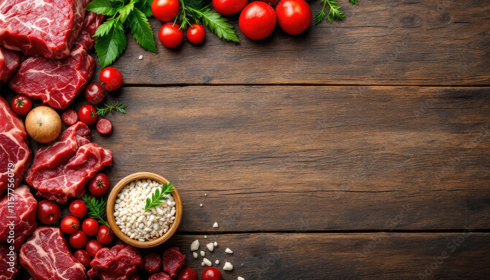 A rustic wooden table displays an array of fresh ingredients, including raw beef, cherry tomatoes, garlic, and a small bowl of rice, with a sprig of parsley. A rustic wooden table displays an array of fresh ingredients, including raw beef, cherry tomatoes, garlic, and a small bowl of rice, with a sprig of parsley.