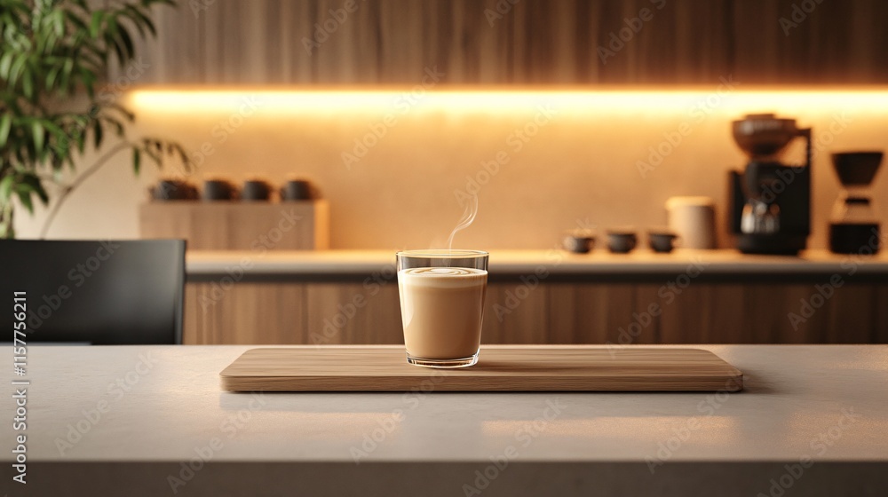 A warm cup of coffee sits on a wooden board in a modern kitchen, illuminated by soft ambient lighting. A warm cup of coffee sits on a wooden board in a modern kitchen, illuminated by soft ambient lighting.