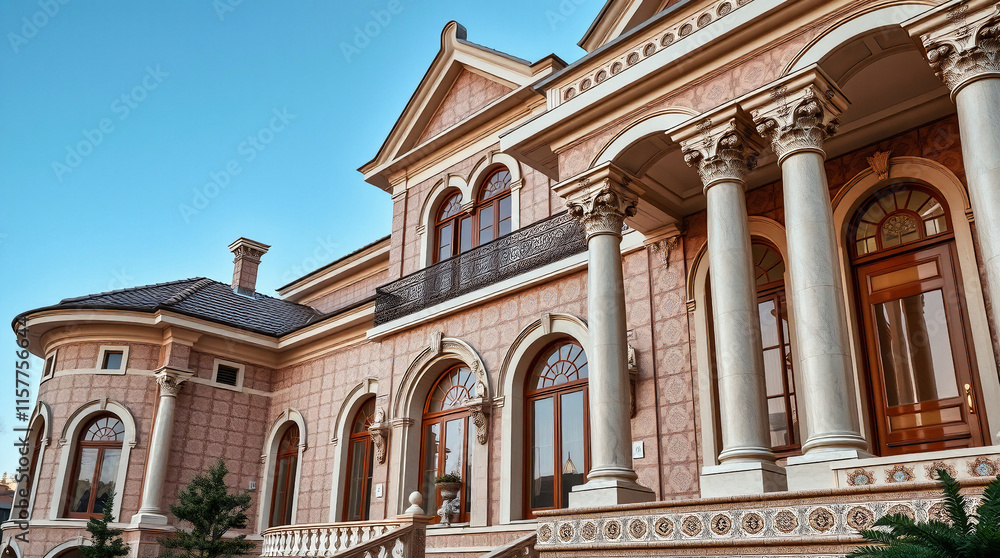 Fototapeta premium Classical Brick Mansion Exterior with Columns and Arched Windows