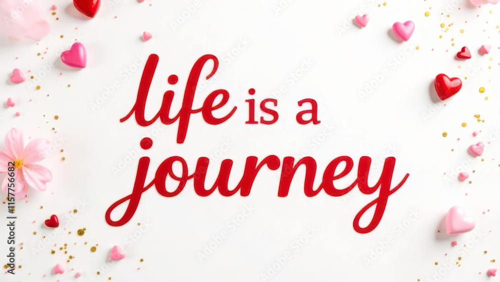 Inspirational quote in red: life is a journey with heart decorations Inspirational quote in red: life is a journey with heart decorations