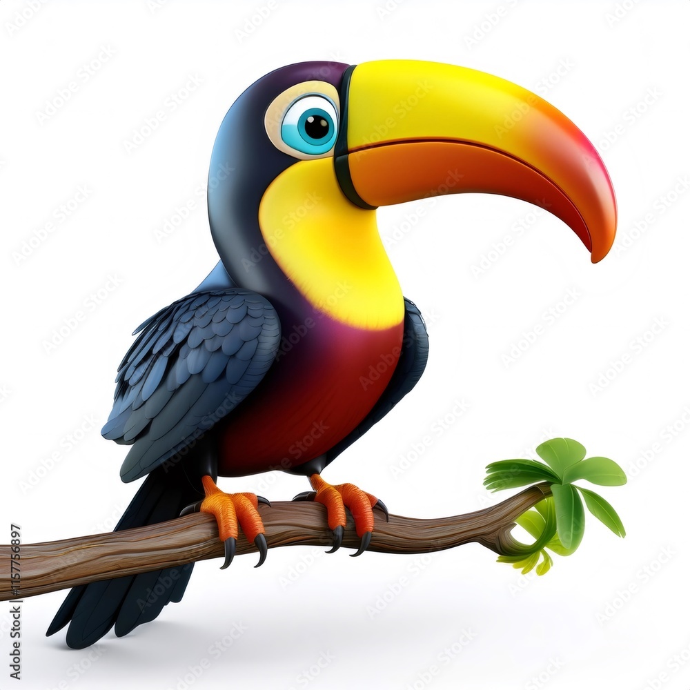 Fototapeta premium 3D cartoon toucan with brightly colored beak perched on a branch, isolated on white background