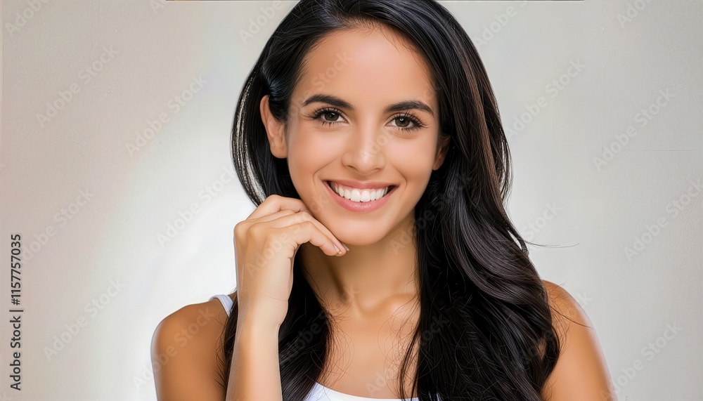 Closeup Portrait of a Beautiful Young Latin Hispanic Model Woman Smiling Radiantly with Clean Teeth, Showcasing Joy and Confidence in a Vibrant Setting Closeup Portrait of a Beautiful Young Latin Hispanic Model Woman Smiling Radiantly with Clean Teeth, Showcasing Joy and Confidence in a Vibrant Setting