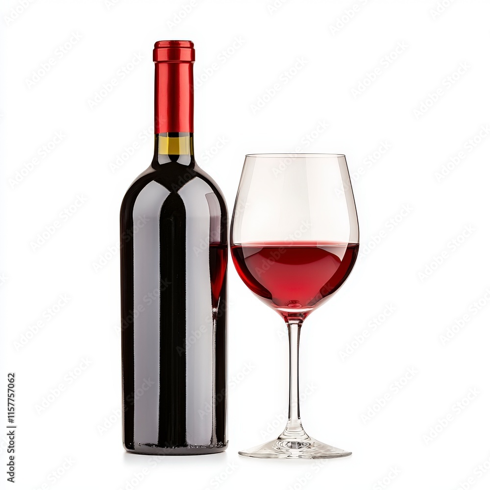 A bottle of red wine next to a filled wine glass, perfect for elegant gatherings and celebrating special moments.