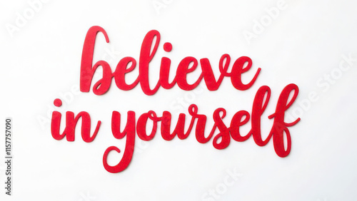 Inspirational red script text - believe in yourself on white background
