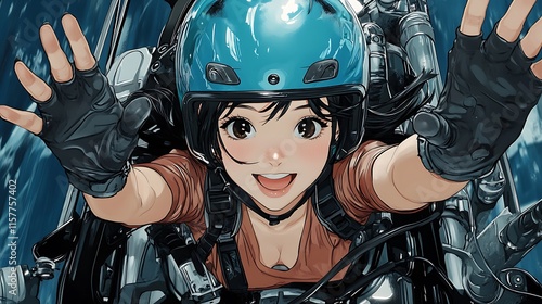 Smiling Girl in Jetpack, Digital Painting Illustration AI Generated photo