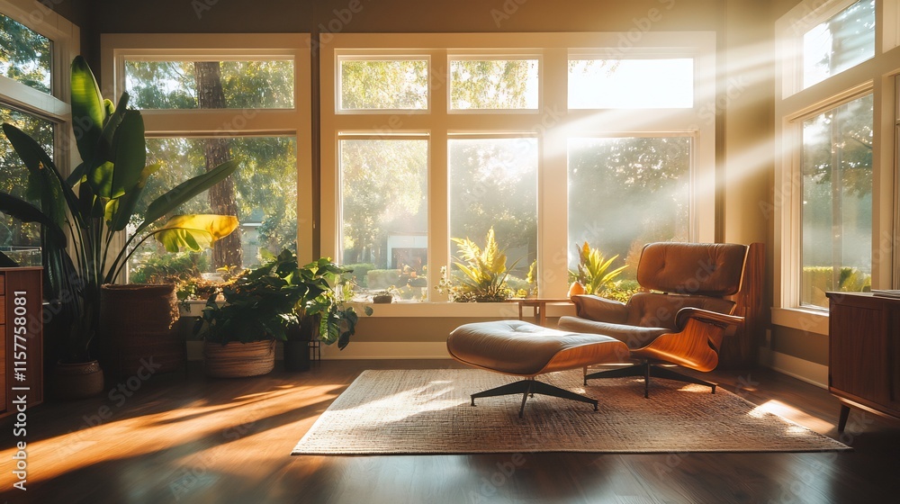 Fototapeta premium Sunlit Room Photo: Serene Morning Light Bathes Comfortable Lounge Chair. AI Generated
