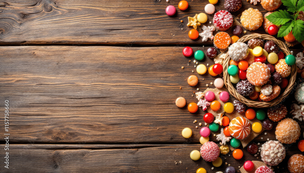 A wicker basket overflows with an assortment of colorful candies and sweets, including gummy bears, lollipops, and round candies, scattered on a rustic wooden surface. A wicker basket overflows with an assortment of colorful candies and sweets, including gummy bears, lollipops, and round candies, scattered on a rustic wooden surface.
