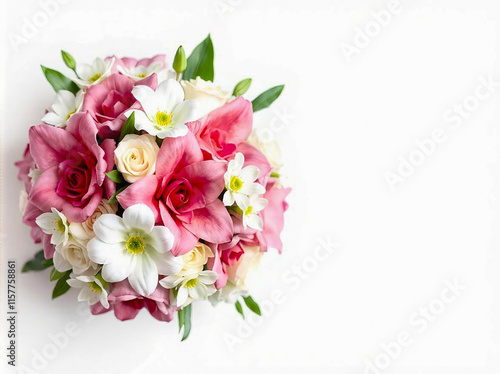 Beautiful bridal bouquet with white and pink flowers on a white background. Top view.Copy space.