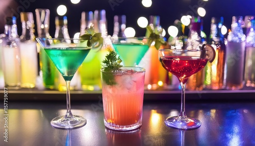 Wallpaper Mural Vibrant Colorful Cocktails in Elegant Glasses on a Bar Counter, Illuminated by Neon Lights Against a Dark Night Background, Perfect for Nightlife and Social Gatherings Torontodigital.ca